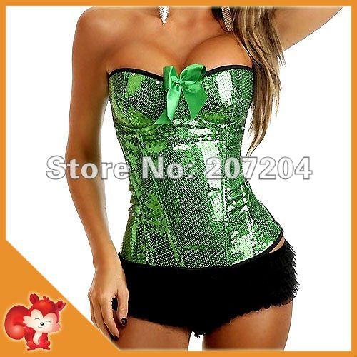 Wholesale Sexy Green Corset bustier lingerie Overbust Moulin Rouge burlesque costume Sequin Zipper Corsets Hot push up