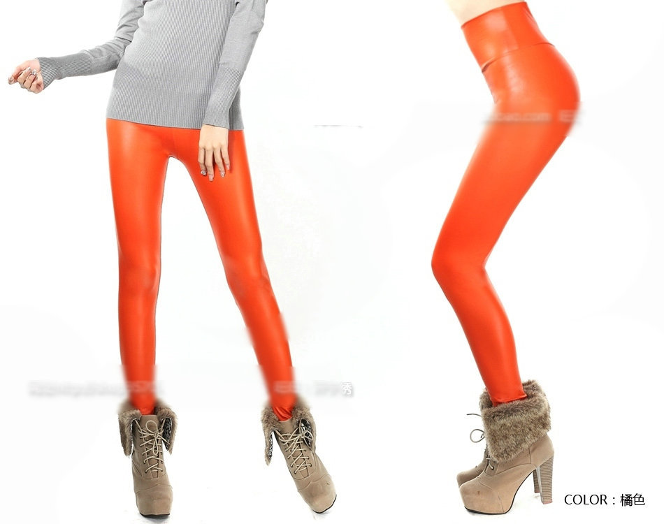 Wholesale Sexy Ladies Orange High Waist Stretch Faux Leather Look Tights Leggings Pants 20 Colors (Available XS-L SIZE)