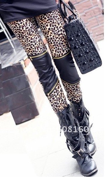 Wholesale Sexy Leopard Pants slim fit Leather leggings zipper leggings ladies stretch napping pants Free ship