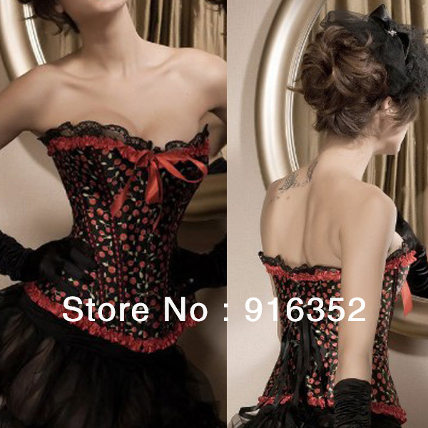 Wholesale Sexy Red Cherry Print Lace Up Boned Corset Bustier lingerie S-2XL Costume Freeshipping