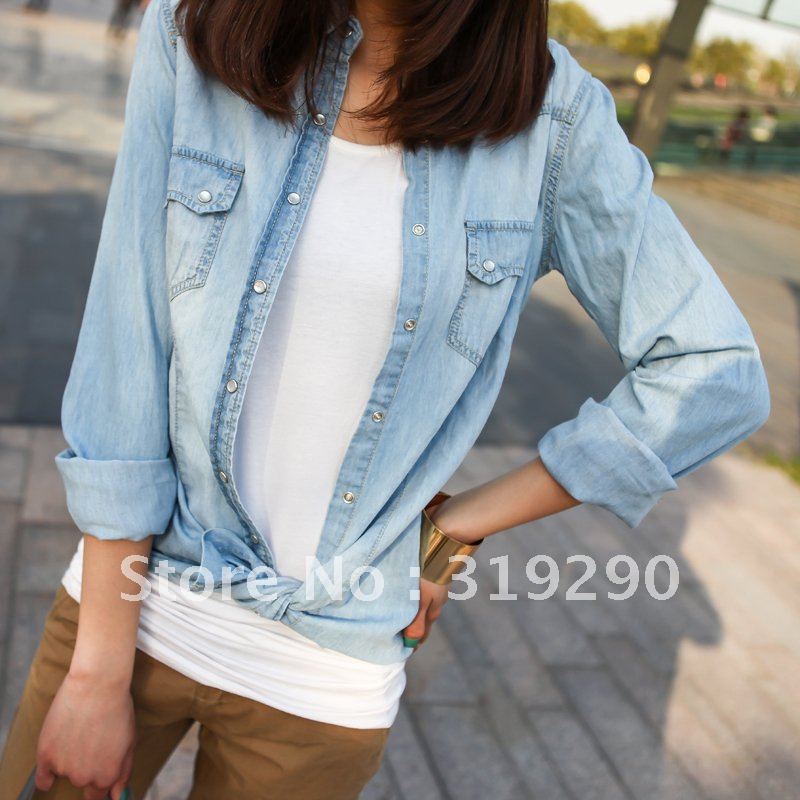 Wholesale Sexy Women Blue Denim Long-sleeve Slim Blouses Shirts Fashion 2012