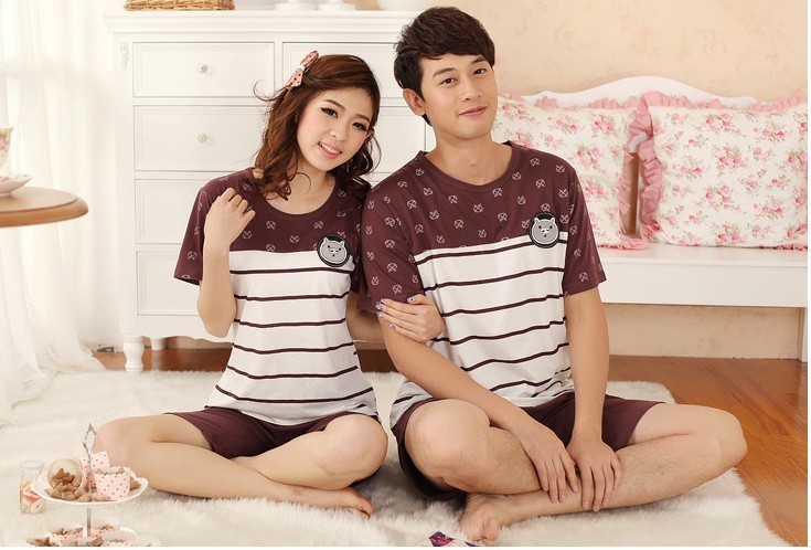Wholesale short sleeve knitted gray stripe cartoon pig men and women lovers pajamas leisure wear