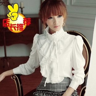 wholesale Spring and autumn clothing plus size women's slim shirt  ladies' blouses stand collar ruffle long-sleeve shirt