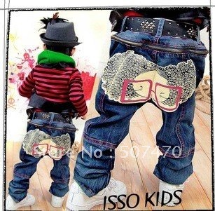Wholesale-Stock!Hot Sale!ISSOKIDS Korea Baby Boy Denim Jeans With Glasses Girl Design 5pcs/lot Free Shipping shellyyuan806
