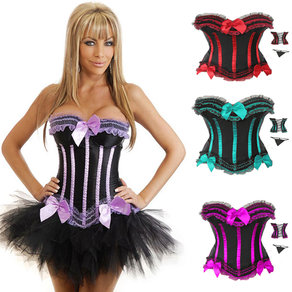 Wholesale,strapless colored corsets,plus size lace bustiers butterfly tutu skirt overbust,satin boned corset,matching thong