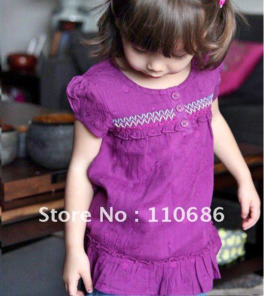 wholesale Summer Girls Embroidered Cotton Short Sleeve Violet hirt  7pcs Free Shipping