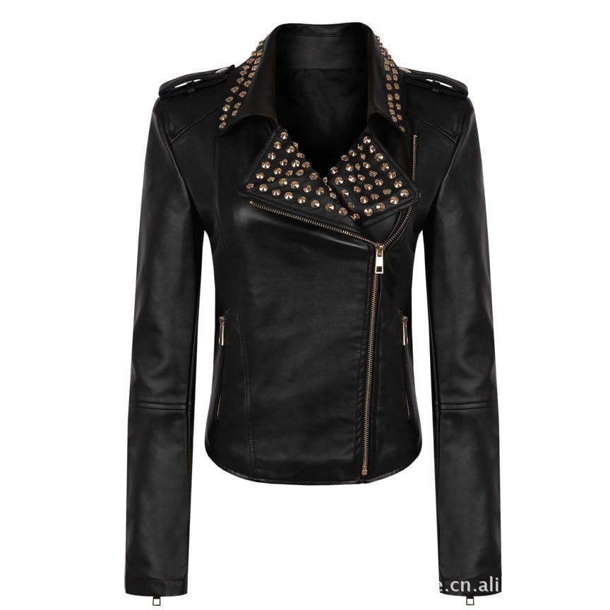wholesale THOOO brand Women Notched Lapel Punk Rock 3D Rivet Spiked Studded PU Leather Biker Jacket SIZE S M L XL 2XL 3XL