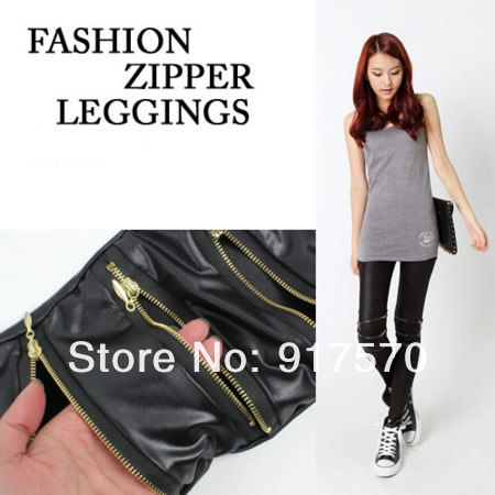 Wholesale Tights Pants Fashion Slim Style Zipper Hole Faux Leather Leggings Free Shipping With Tracking Number