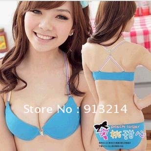 wholesale-Underwear suit Bra & Brief Sets Rainbow stripe beauty back,front closure pure color, push up free shipping with a gift