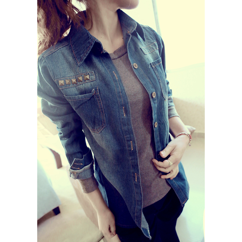 Wholesale women 2013 fashon novelty vintage sprig summer autumn Star rivet denim long sleeve cotton shirt blouses tops