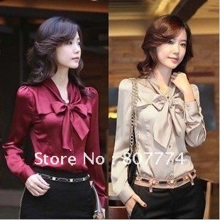 wholesale women bowtie blouse OL shirt quality gurantee three colors mix order FREE SHIPPING