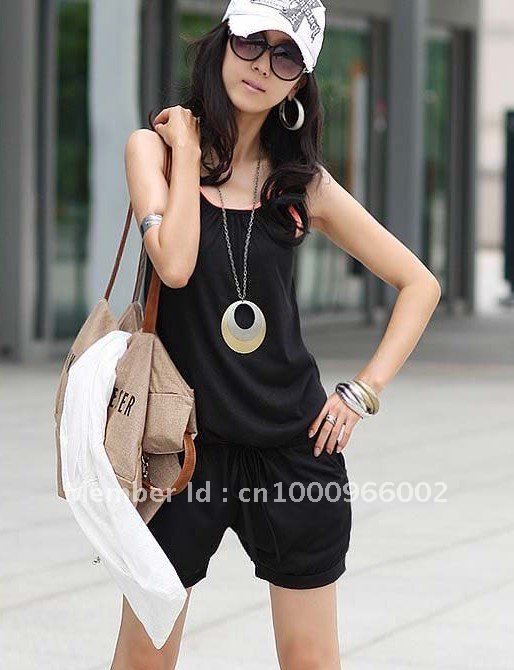 Wholesale - Women Fashion Sleeveless Romper Strap Short Jumpsuit Scoop Black Green Purple Casual Trendy