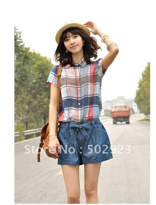 Wholesale women Fresh plaid jumpsuit jumpsuit women shirt fashion shorts 2 colors size S M L,free shipping