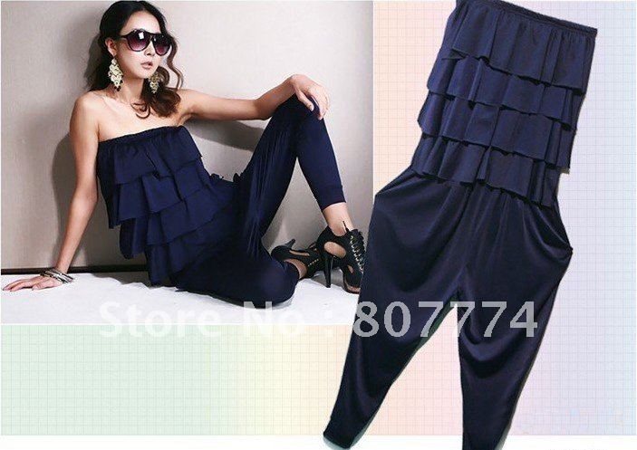 Wholesale women frilled jumpersuit  backless romper  ladies loose fit jumper Free size(Blue/Black/Grey/Khaki) FREE SHIPPING