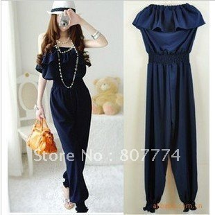 wholesale women frilled top+long pants Empire waist Navyblue  jumper backless sexy overall casual romper  mix order