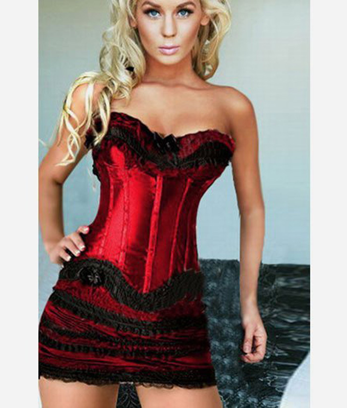 wholesale Women intimates sexy lingerie satin corset with skirt red 069