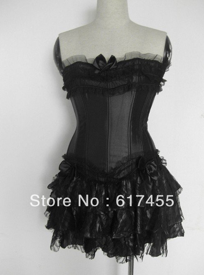 Wholesale Women intimates sexy lingerie set satin corset with skirt black 072
