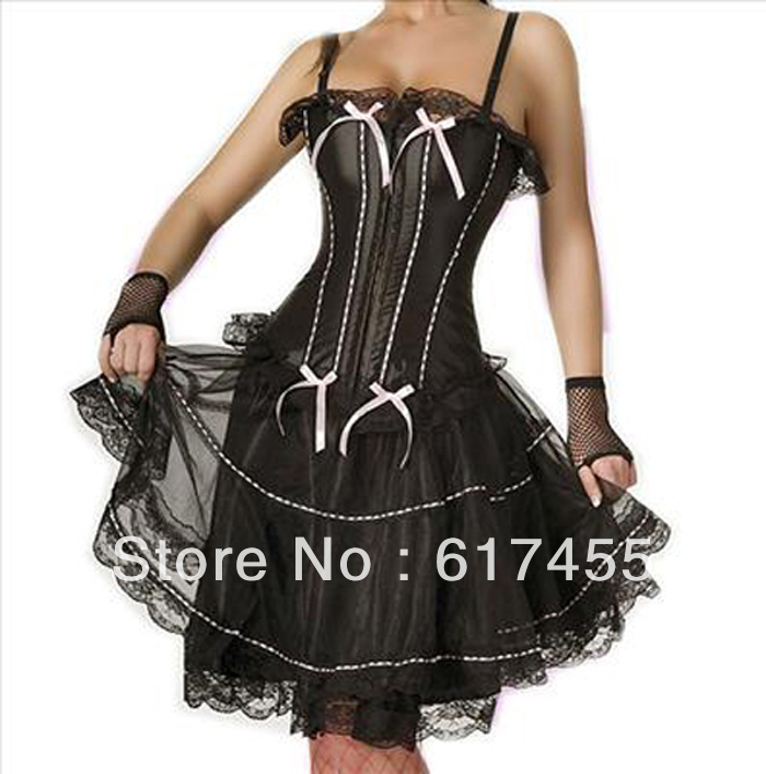 Wholesale Women intimates sexy lingerie set satin corset with skirt black pink 2670