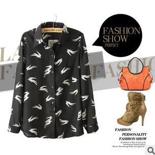 Wholesale Women Long Sleeve Chiffon Blouses Ladies Fashion Swallow Prints Shirts Single Pocket Free Shipping YC-B210303-W06