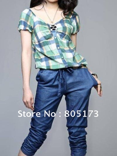 Wholesale women plaid jumper top+crop pant fashion romper gathered legopening Free Shipping /D-96-335