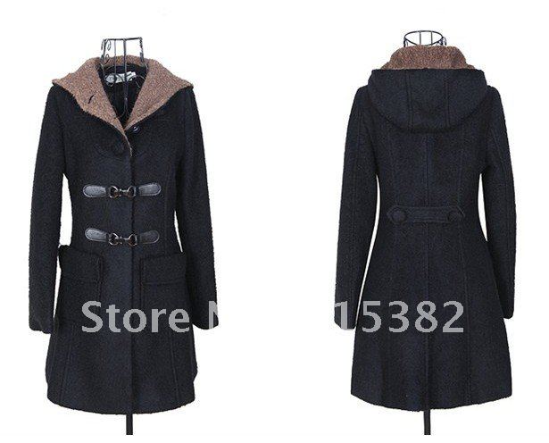 Wholesale  women's black wool coat Slim fit trench coat ladies winter warm Hooded  double-breasted  overcoat free shipping