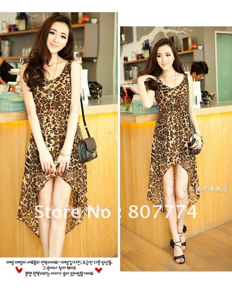 Wholesale Women's  Leopard Chiffon Dress Vest Assymetric Sexy Empire Design Dress freeshipping