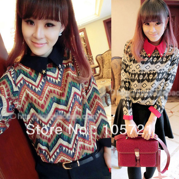 Wholesale Women's Retro Lape Collared Chiffon Long Sleeve Printed Casual Shirt Blouse Tops CY0395