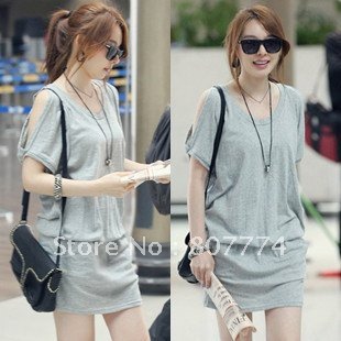 wholesale women short sleeve cotton short dress basic dress (Grey/Black) FREE SHIPPING
