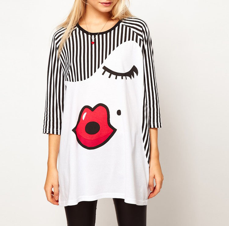 wholesale,women summer dresses new fashion 2013,striped patchwork Lipstick print casual dress,three quater sleeve loose T shirt