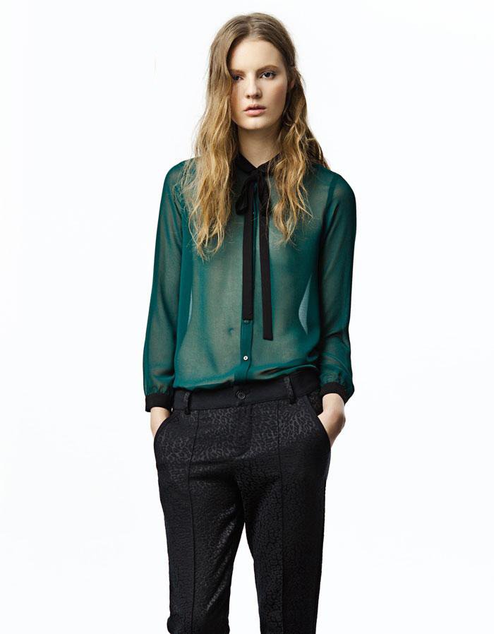 Wholesale Women Vintage Green Long Sleeve Blouse Transparent Shirt Front Tied Free Shipping YC-1-070