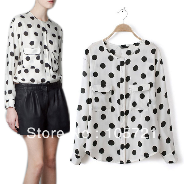 Wholesale*Womens Polka Dot Collarless Long Sleeve Loose Button Shirt SZ S M L Blouse Tops CY0459