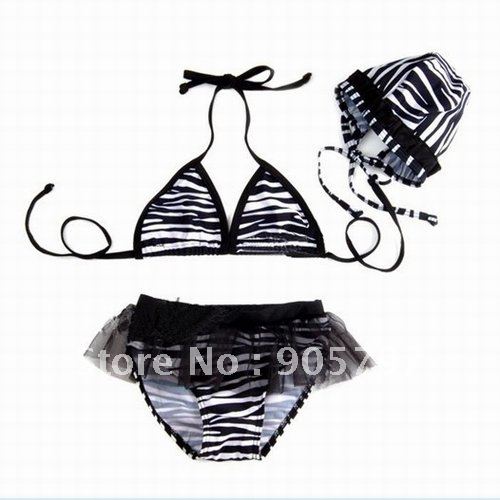 Wholesale - zebra baby girls three-pieces swimsuits/bathing suits swimming hat+bikini+skit/short kids' swimear