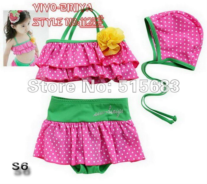 WholesaleFreeshipping-Girls Dot Flower Swimwear Tankini Bather Beach Bikini 3Pcs 5 Set Lots Swimsuit Tutu Dress SZ3-8Y Choose
