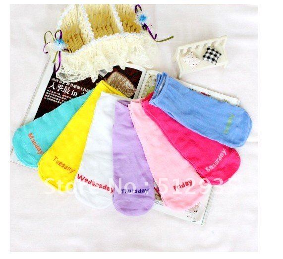 Wholesales Free Shipping 7 Color  Beautiful Lovely  English Letter Wemen Cotton Week Socks,Fashion Boat Socks 7pair/lot