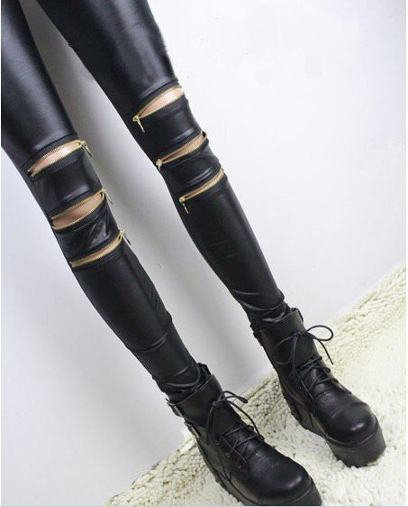Wholsale 2012 New autumn&winter Women's punk jack purcell hole knee unilateral 3 zipper faux leather legging,Lady's plus size