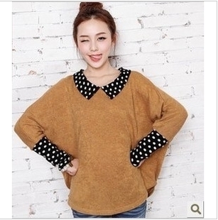 Wholsale 2012 New Autumn Women's  plus size vintage polka dot batwing sleeve sweater/Warm Coat With Collar,Free Shipping