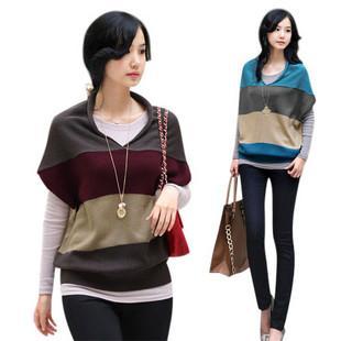 Wholsale 2012 New Autumn Women's stripe batwing sleeve plus size sweater,Lady's Casual V-neck Knitted Sweater Coat,Free Shipping