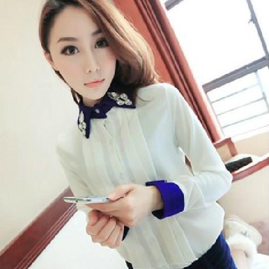 Whosesale 2013 spring new European style lapel diamond embellishment hit color shirt,free shipping