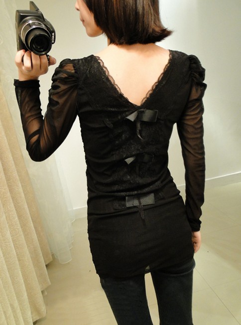 Whosesale Korean female models fashion small shirt long-sleeved T-shirt Slim splicing chiffon lace shirt bottoming shirt