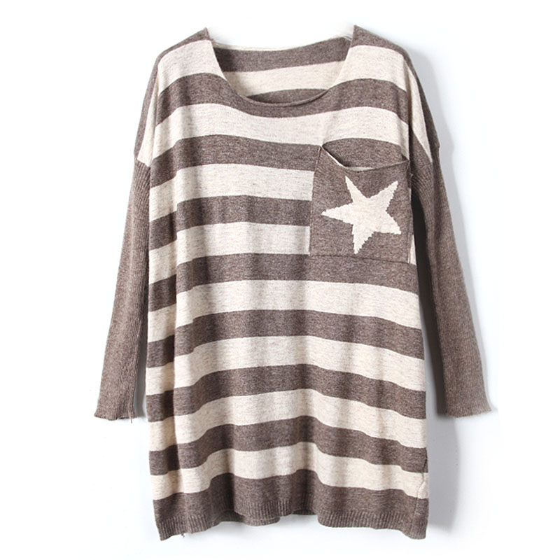 Wide stripe mdstudio five-pointed star pocket loose medium-long knitted shirt sweater