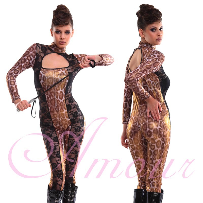 Wild Lepard Costume Catsuits /w Black Lace Goth Punk Stripper Romper Clubwear @P770