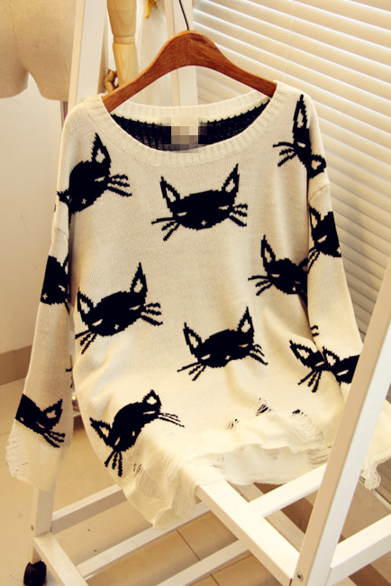 Wildfox cat  sweater  vivi autumn  winter small cat owl personality hole cutout sweater  black , white  freeshipping