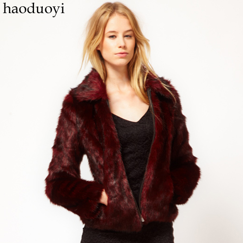 Wine red fox fur zipper overcoat elegant turn-down collar long-sleeve 6 full fur coat
