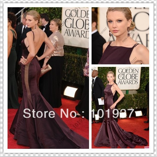 Wine Red Taylor Swift at the Golden Globes Awards Satin Open Back Celebrity Dress Mermaid Trumpet Red Carpet Dresses 2013