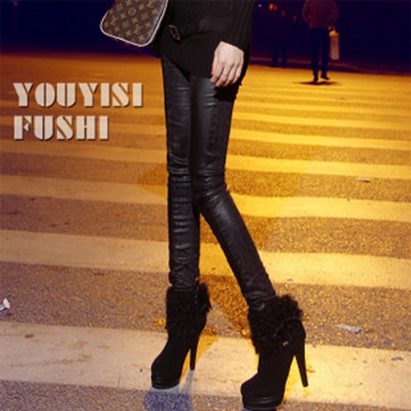 Winter 2012 coveredbuttons stovepipe leather patchwork sufficiently graying threesoft thick denim legging