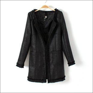 Winter 2012 solid color mango plus size knitted coarse woolen trench outerwear medium-long black women's