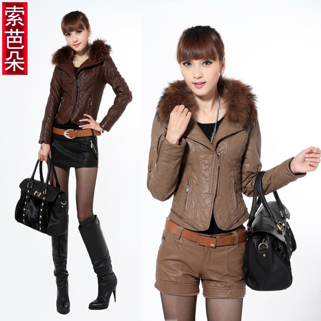 Winter 2013 motorcycle jacket PU leather jacket female water washed leather wadded jacket raccoon fur leather clothing 2323