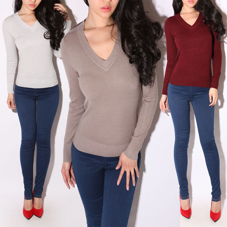 Winter 4 V-neck solid color basic long-sleeve slim sweater basic shirt black women's