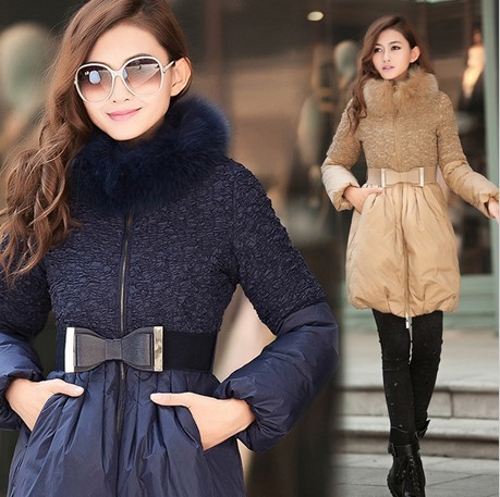 Winter beautiful elastic vlsivery large blue fox fur collar slim medium-long down coat female