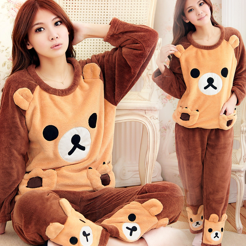Winter cartoon thickening coral fleece sleep set women's long-sleeve bear lounge sleepwear